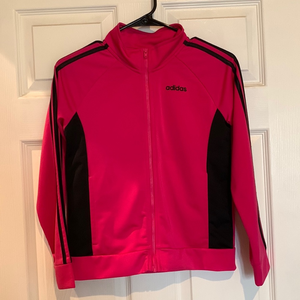 Adidas track jacket pink black stripe. Size girls 14